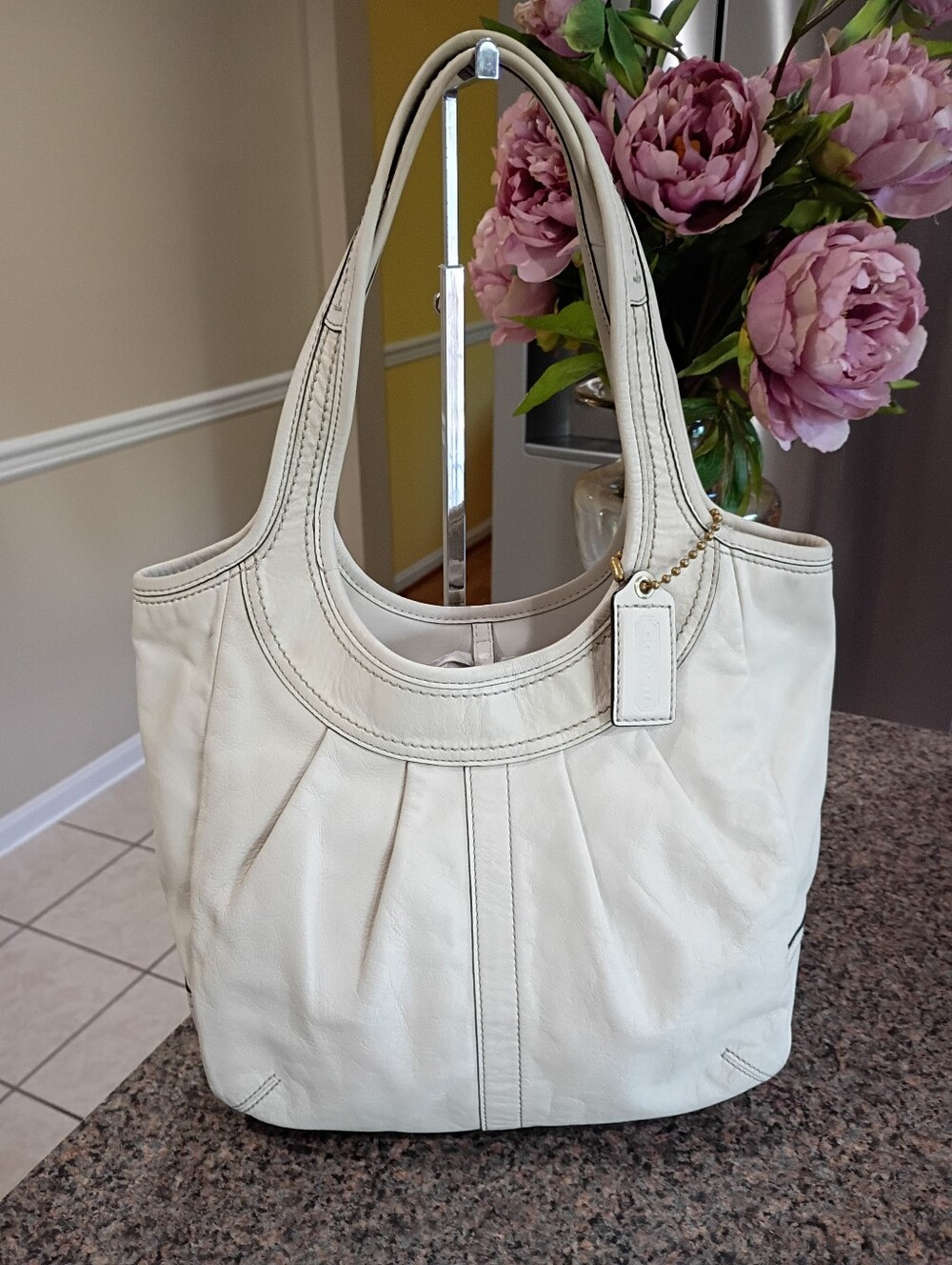 Coach Tattersall Ergo Pleated Leather  Ivory Shoulder Bag